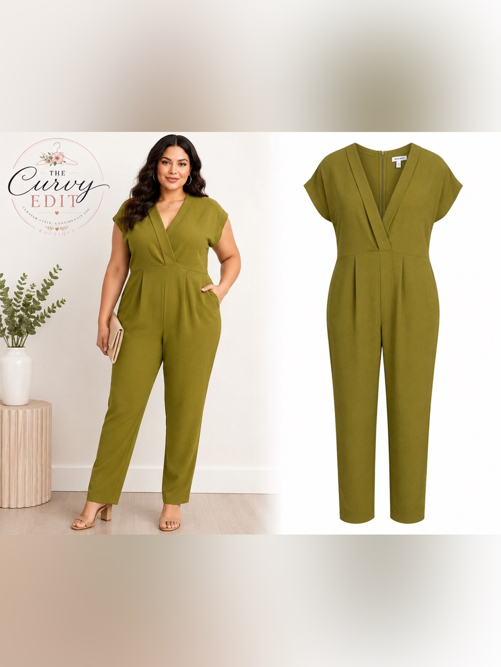 NWT Nine West Olive Chartreuse V-Neck Jumpsuit XXL Wide Leg Dolman Sleeve Chic